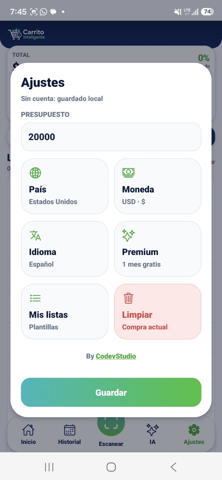 Pantalla de ajustes, presupuesto, país, moneda, idioma y premium