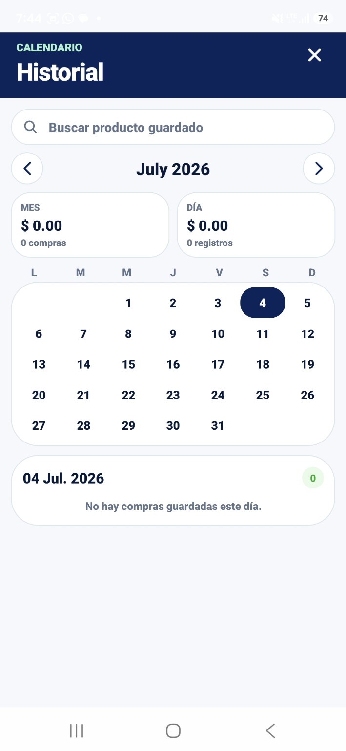 Pantalla de historial con calendario