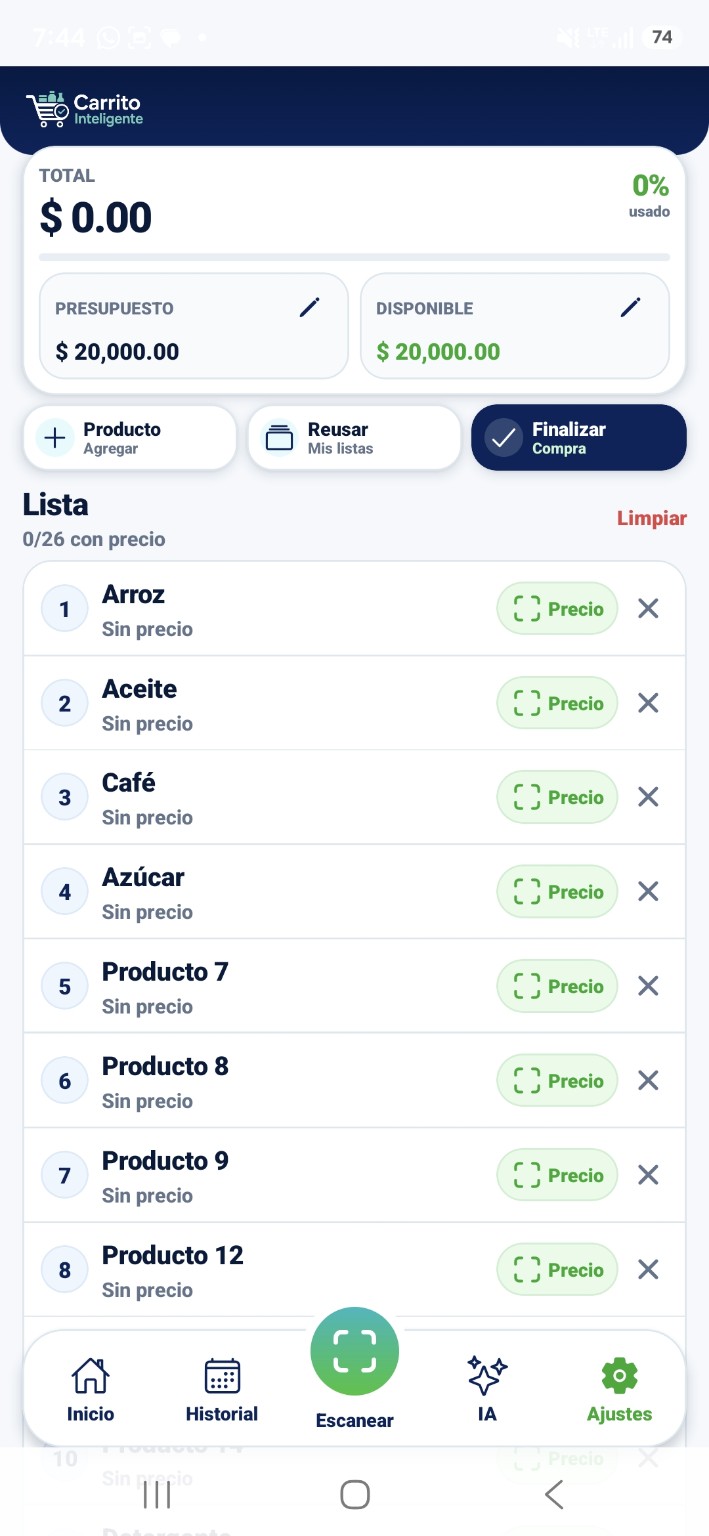 Pantalla real de lista de compras y presupuesto