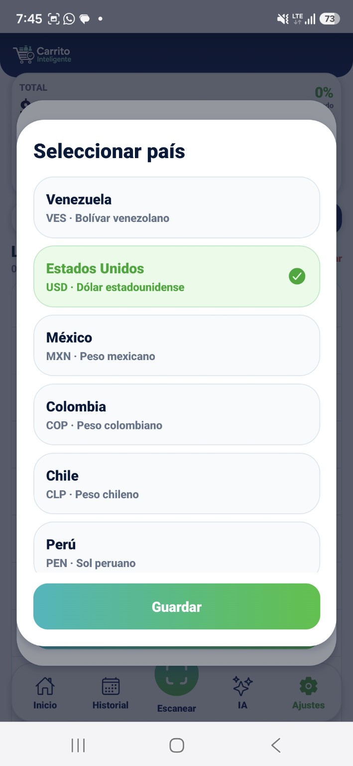 Pantalla de selección de país y moneda